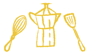Grapes Accessories Icon - hand drawn whisk, tea pot and spatula.