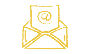 Contact Us - hand drawn open envelope with a letter coming out of it. An @ symbol drawn on the letter.