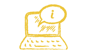 Grapes FAQs Icon - hand drawn laptop with an "i" for information inside speech bubble over the laptop's screen