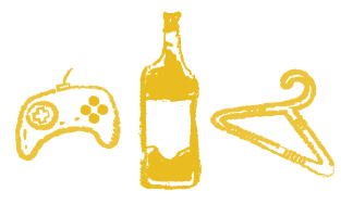 Grapes Specialty Icon - hand drawn videogame controller, wine bottle and clothes hanger