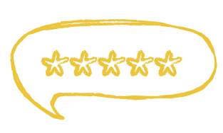 Testimonials Icon - hand drawn speech bubble with 5 stars inside.