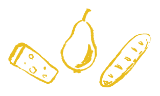 Grapes Kitchen Icon - hand-drawn piece of cheese, bread and a pear.